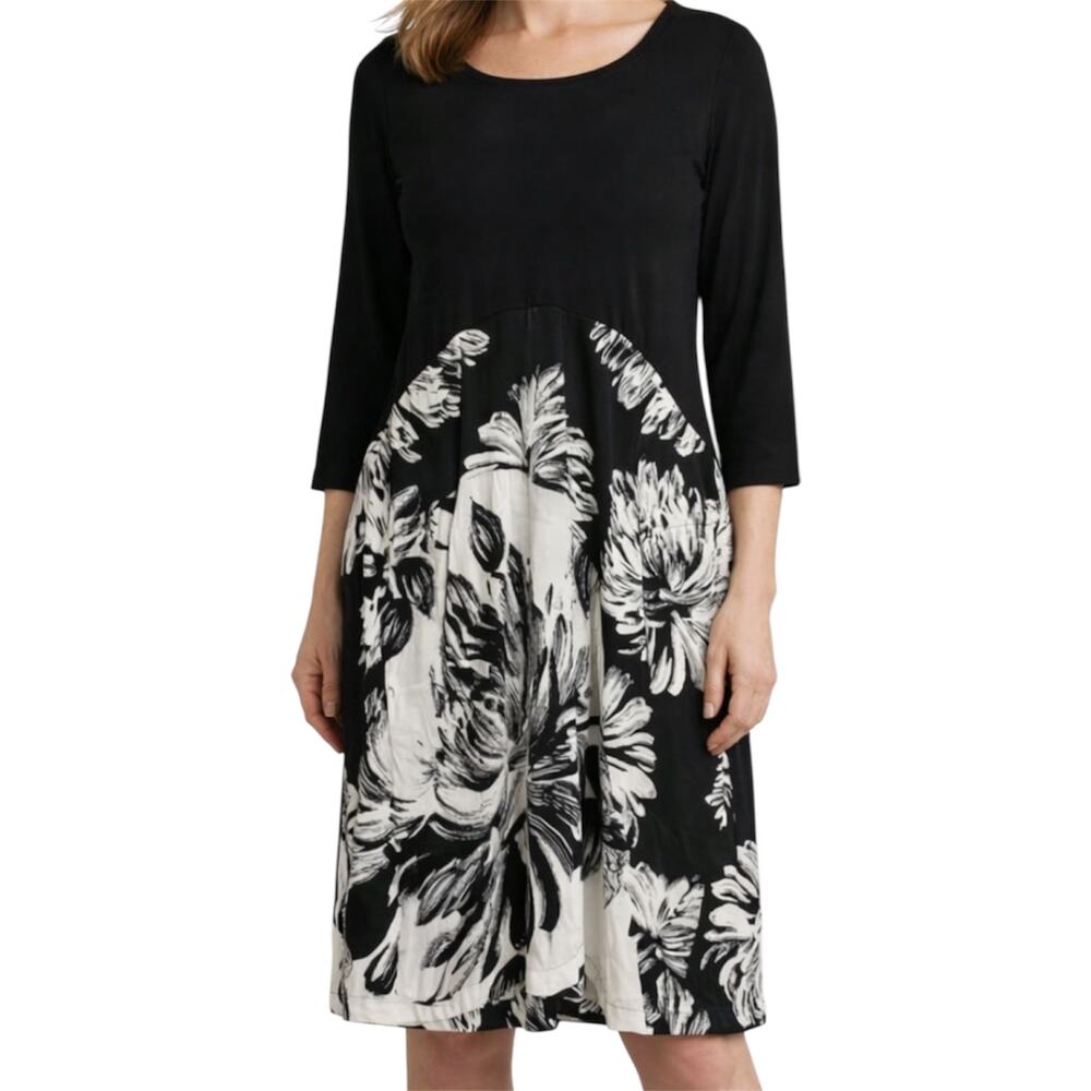 Alembika Midi Dress Silky Mixed Media Sleeves Lagenlook Art to Wear Floral M